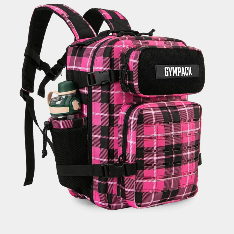 Mochila Gympack Pro 25L Rosa Xadrez - Vista diagonal mostrando compartimentos