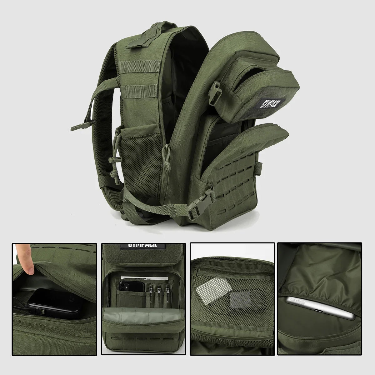 Mochila Gympack Pro 25L Verde - Vista Aberta com Itens Organizados Internamente